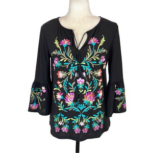 INC black floral embroidered blouse